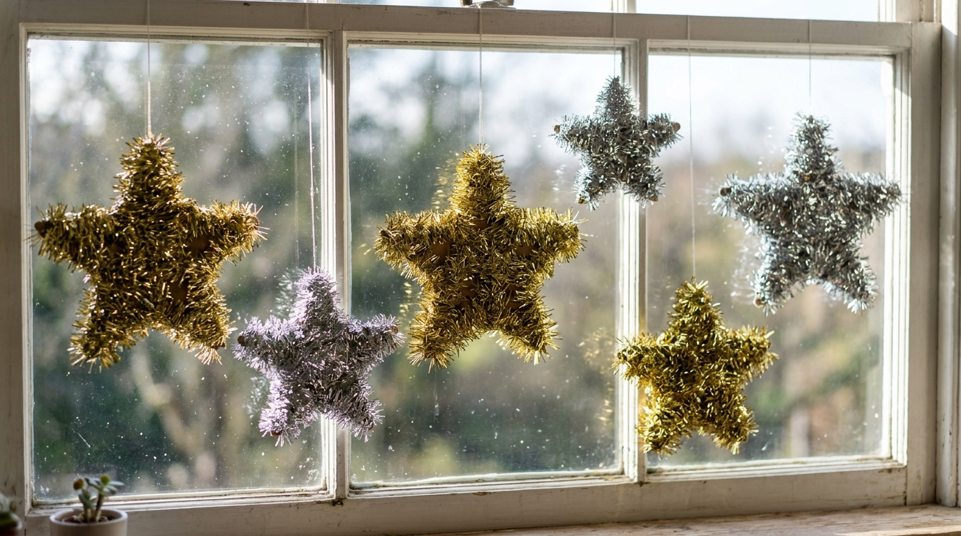 Cardboard stars wrapped in gold and silver tinsel garland hanging at different heights in a bright window