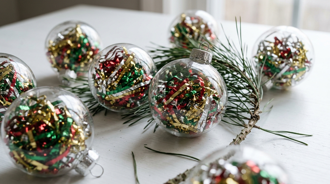 Clear glass Christmas ornaments filled with shiny red, green, gold and silver tinsel on a white table