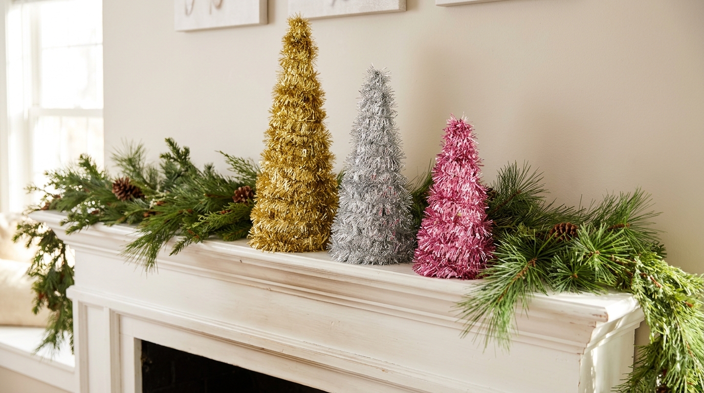 Tinsel christmas decor three cone shaped mini trees in pink, gold and silver tinsel on a white mantel