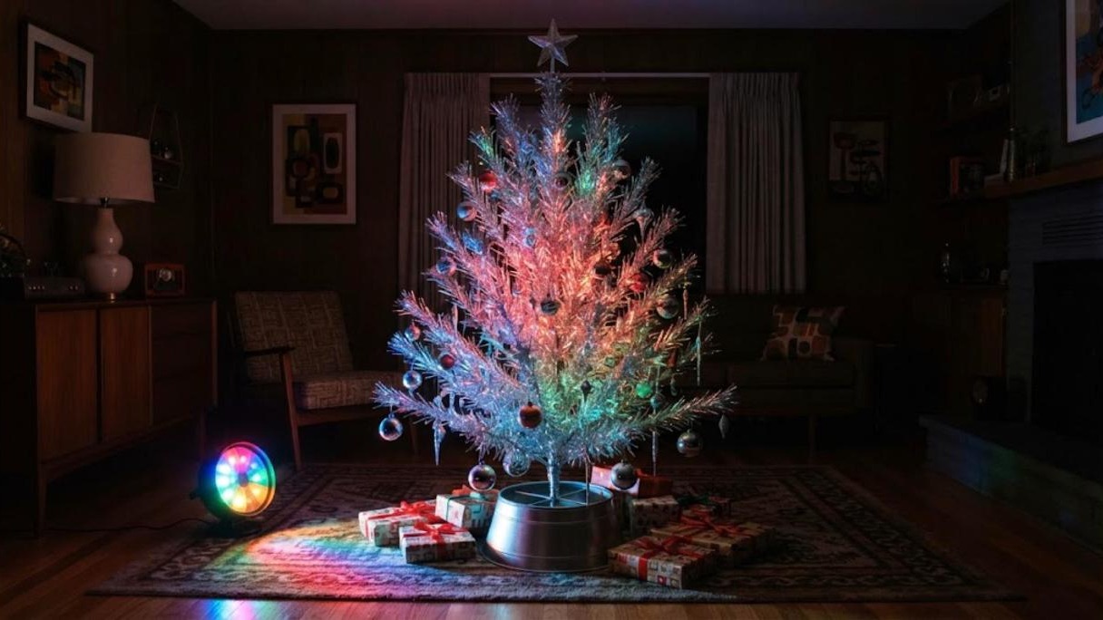 Silver tinsel tree glowing red, green and blue from a color wheel spotlight in a dim retro living room