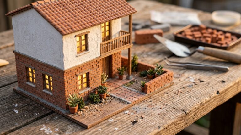 Tiny villa mini bricks: tabletop miniature brick villa with a tiled roof and glowing windows
