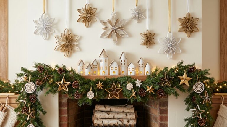Toilet paper roll Christmas mantel with white and gold tube snowflakes, stars and a glowing cardboard tube village