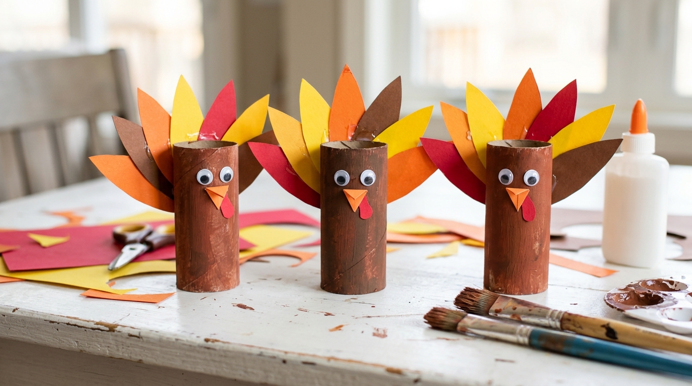 Turkey crafts for kids: three cardboard tube turkeys painted brown with paper feather tails and googly eyes