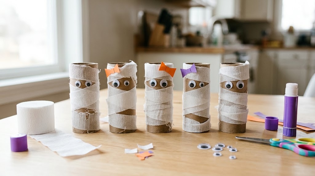 Halloween crafts for kids: toilet paper roll mummies wrapped in white crepe paper
