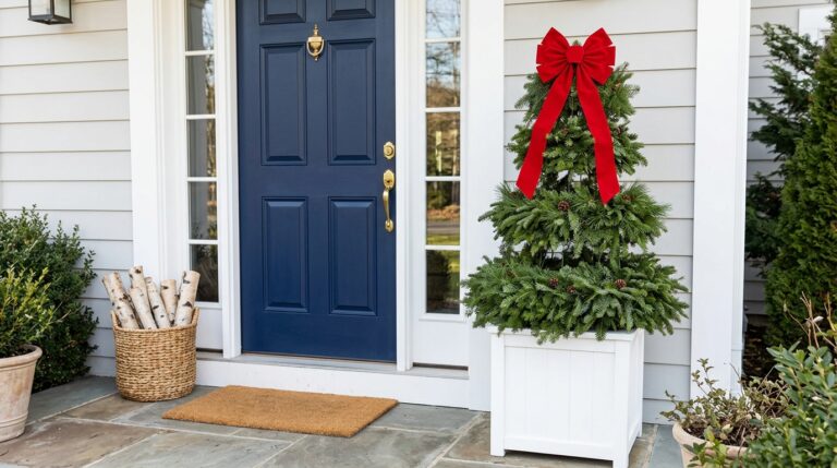 Tomato Cage Christmas Trees: stacked wreath topiary with a red bow beside a navy front door