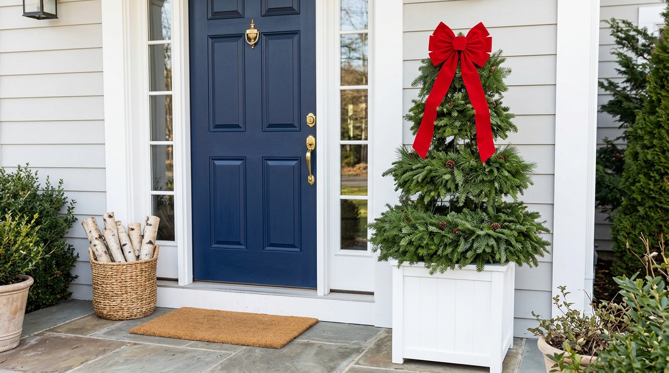 Tomato Cage Christmas Trees: stacked wreath topiary with a red bow beside a navy front door