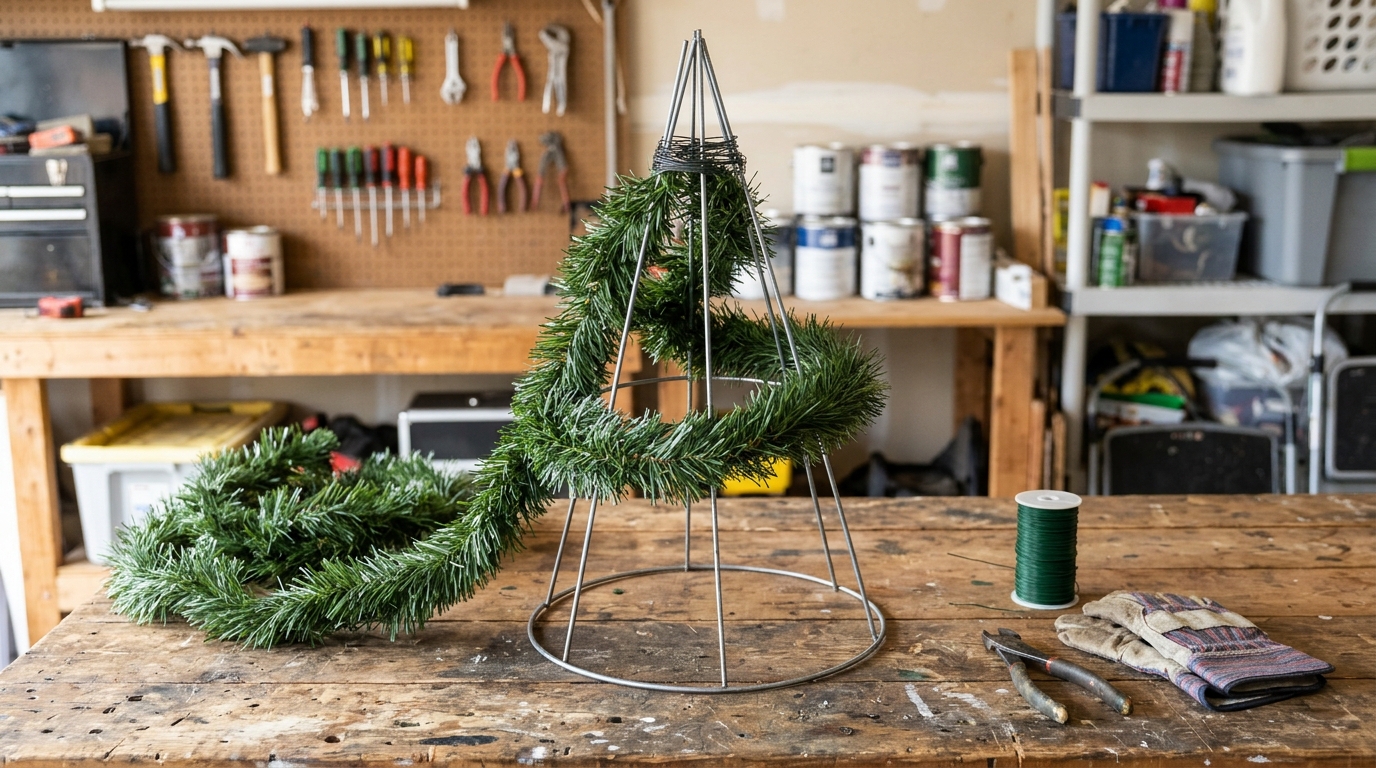 Upside down tomato cage being wrapped with faux pine garland on a workbench