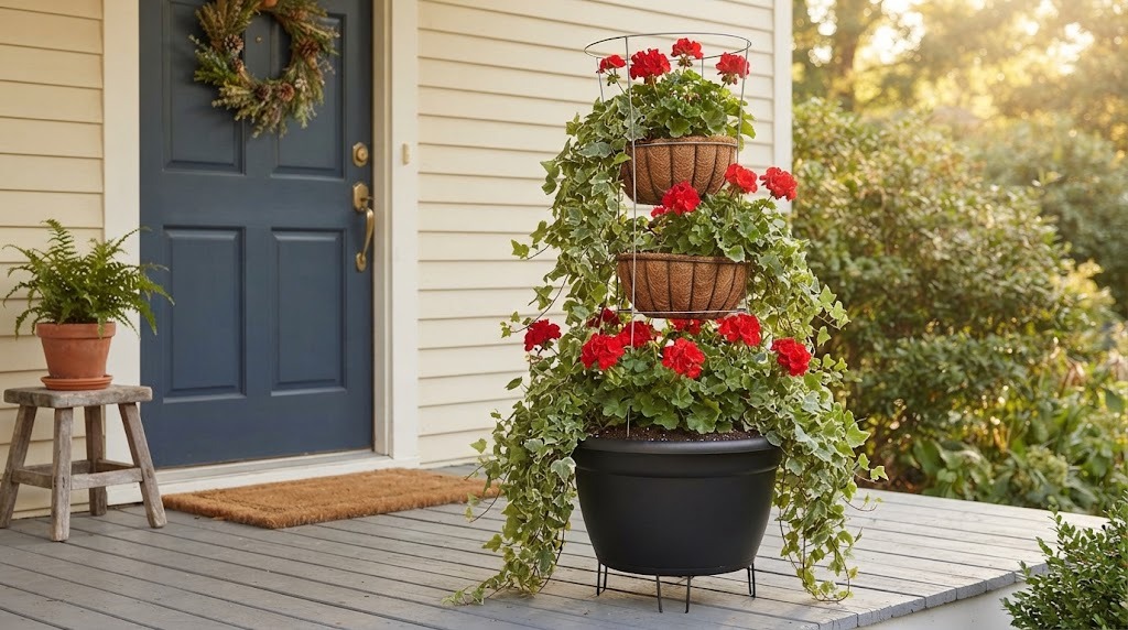Tomato cage tiered planter with red geraniums beside a navy front door