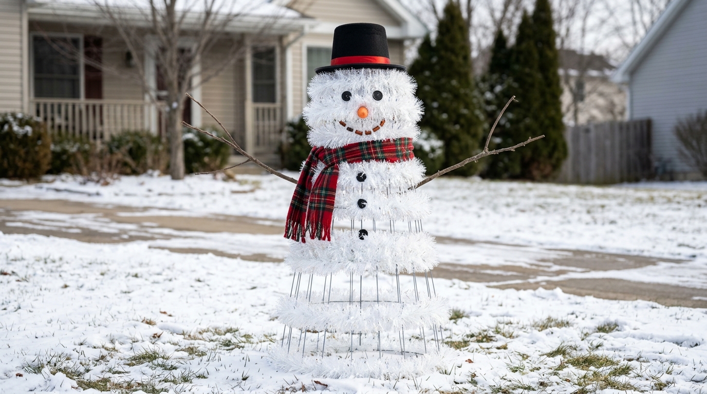Snowman made from three tinsel wrapped tomato cages with a top hat and plaid scarf