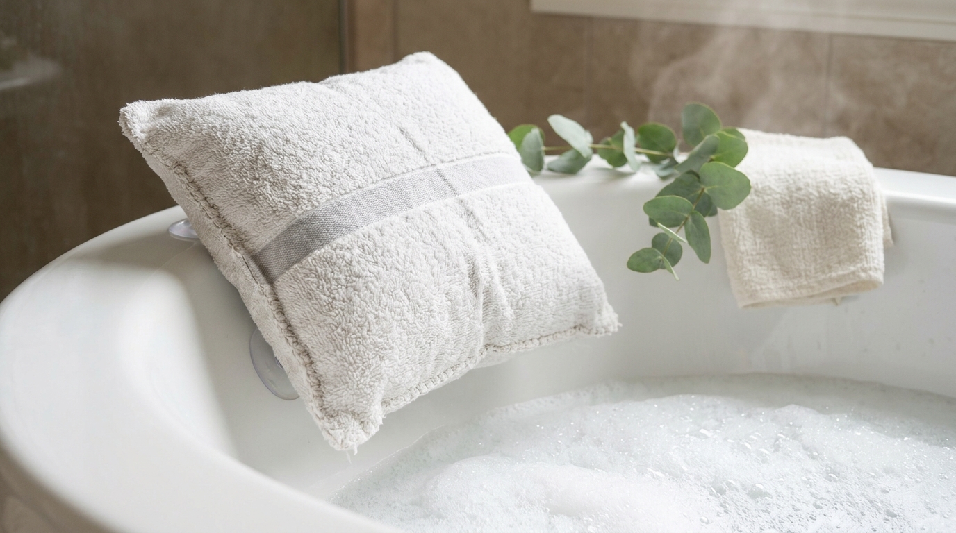 A plump white and gray striped towel bath pillow on the rim of a bubble bath