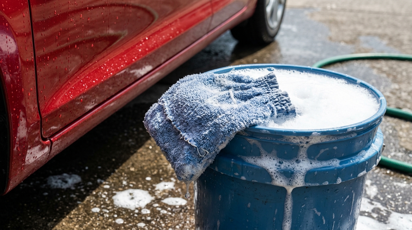 A blue terry car wash mitt on a bucket of soapy water beside a shiny red car