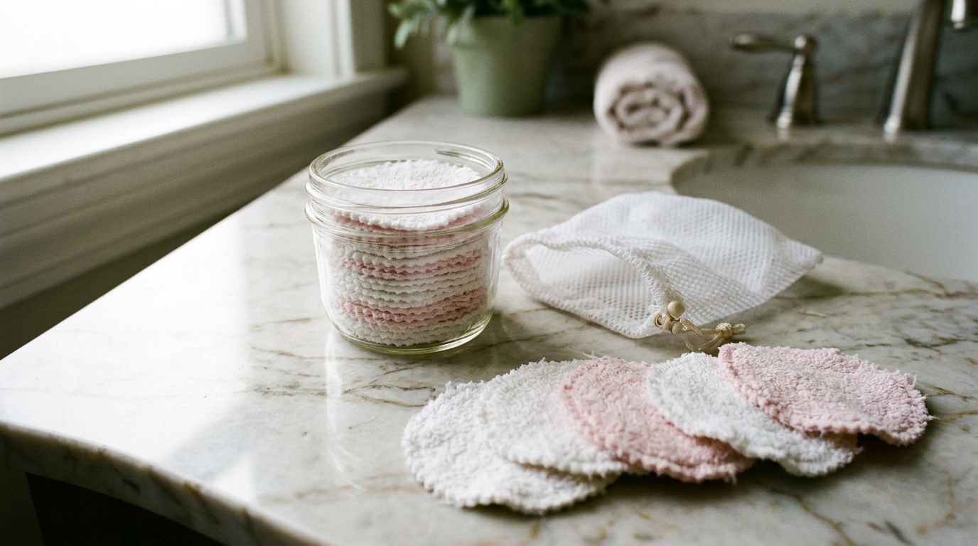 Round reusable makeup remover pads cut from old white and pink towels in a glass jar