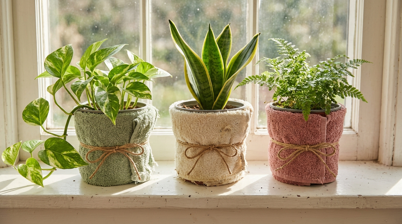 Three plant pots wrapped in sage, cream and rose towel sleeves tied with jute on a sunny windowsill