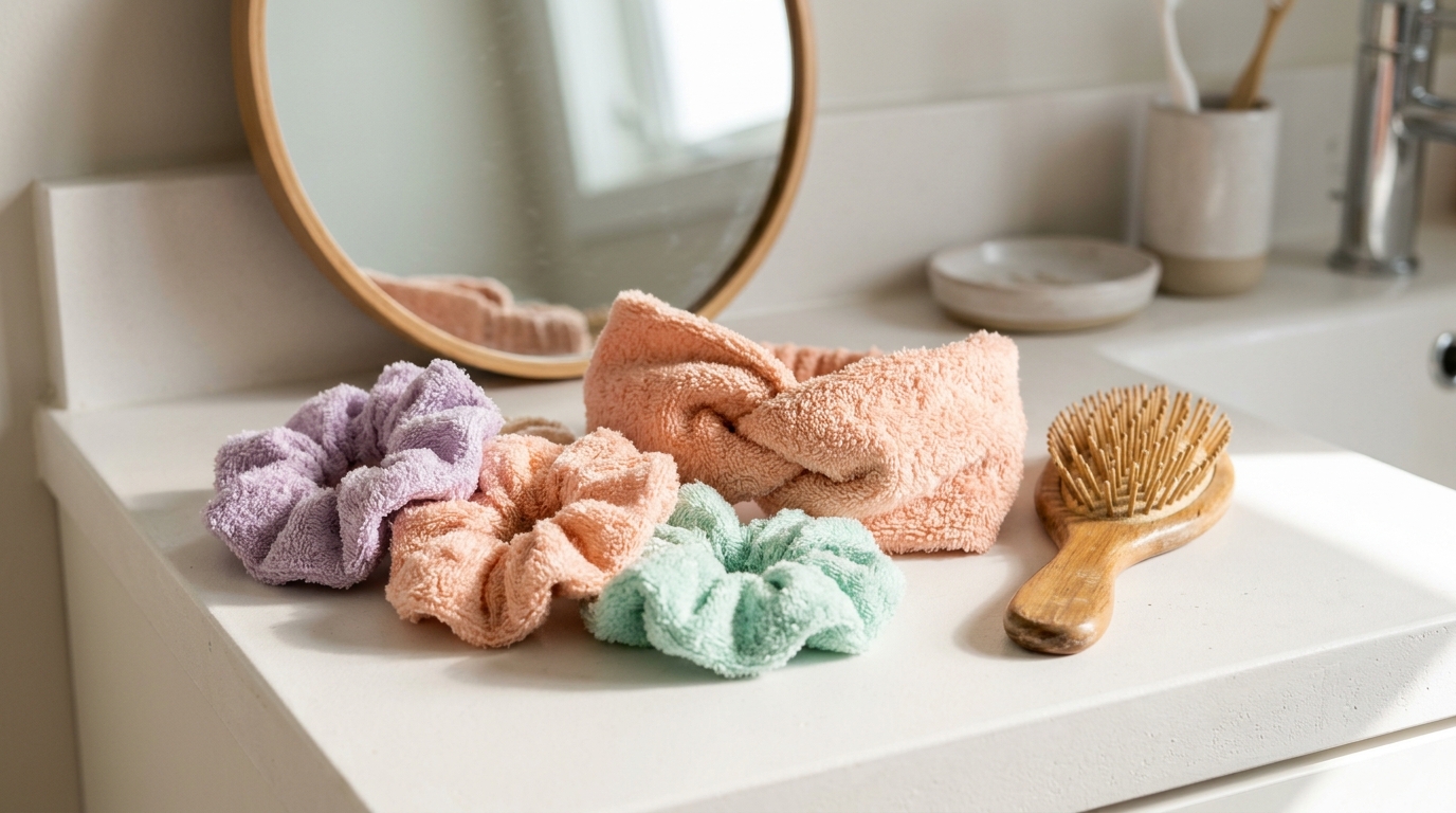 Old towel upcycles for hair: pastel terry scrunchies and a knot headband on a bathroom vanity