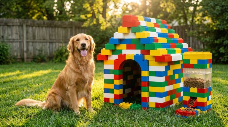 Toy brick dog gadgets: golden retriever beside a colorful toy brick doghouse and kibble dispenser in a sunny yard