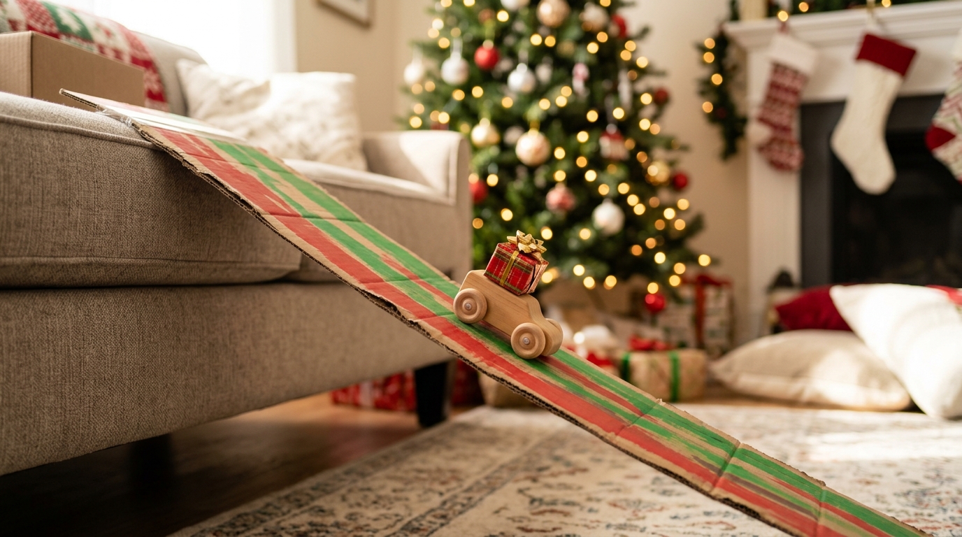Wooden toy car carrying a tiny wrapped present down a painted cardboard ramp from the sofa