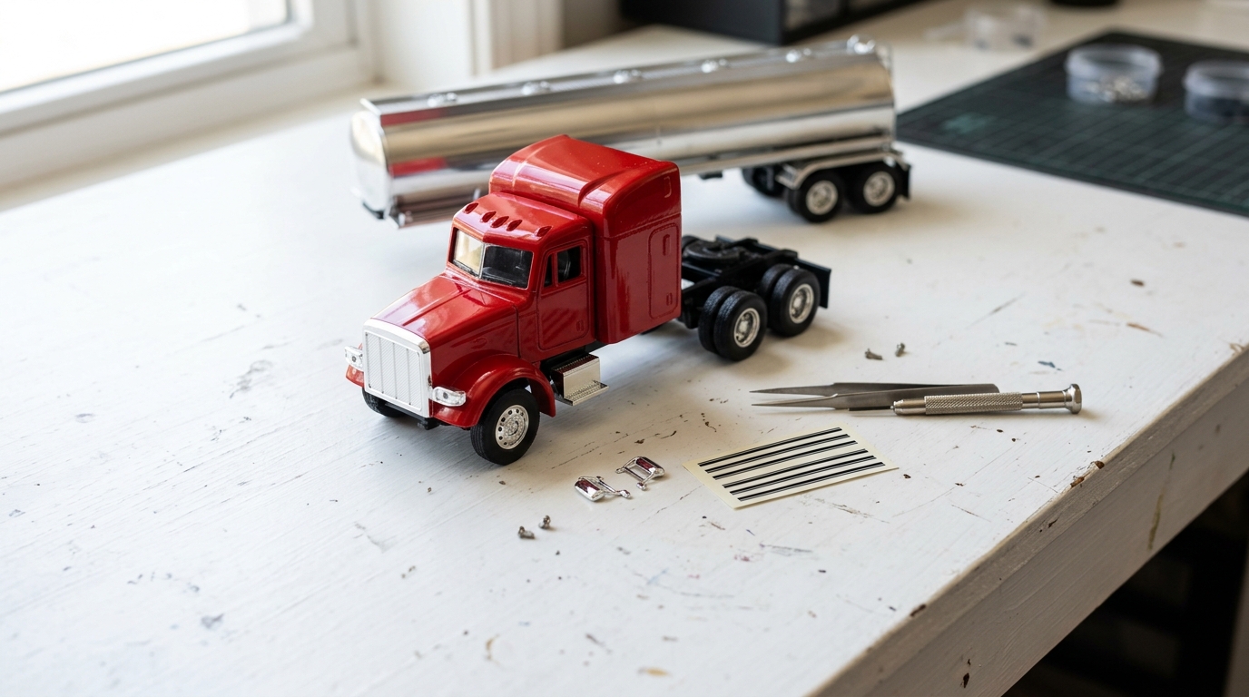Red toy truck cab on a black chassis being reassembled with tweezers and tiny decals