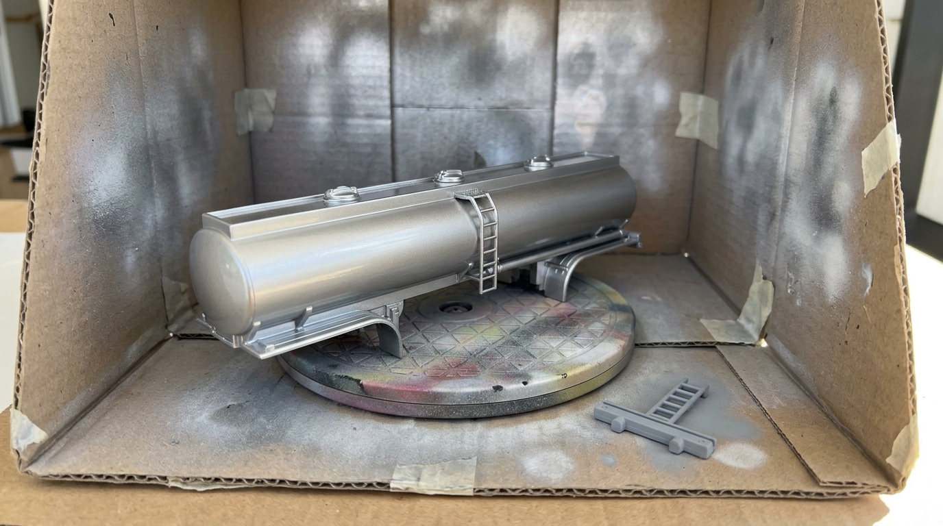 Toy tanker trailer freshly painted shiny silver in a cardboard spray booth