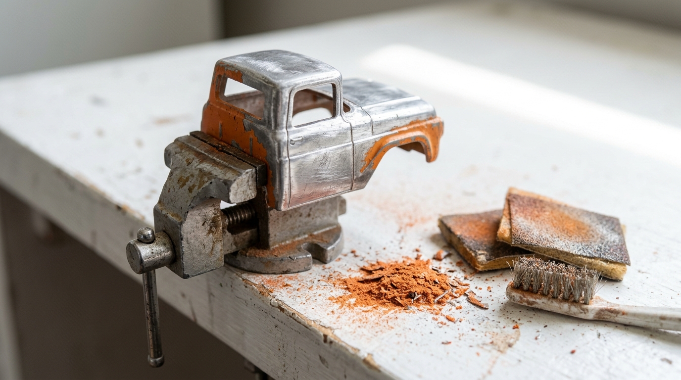Toy truck cab sanded to bare metal in a small vise with sanding pads