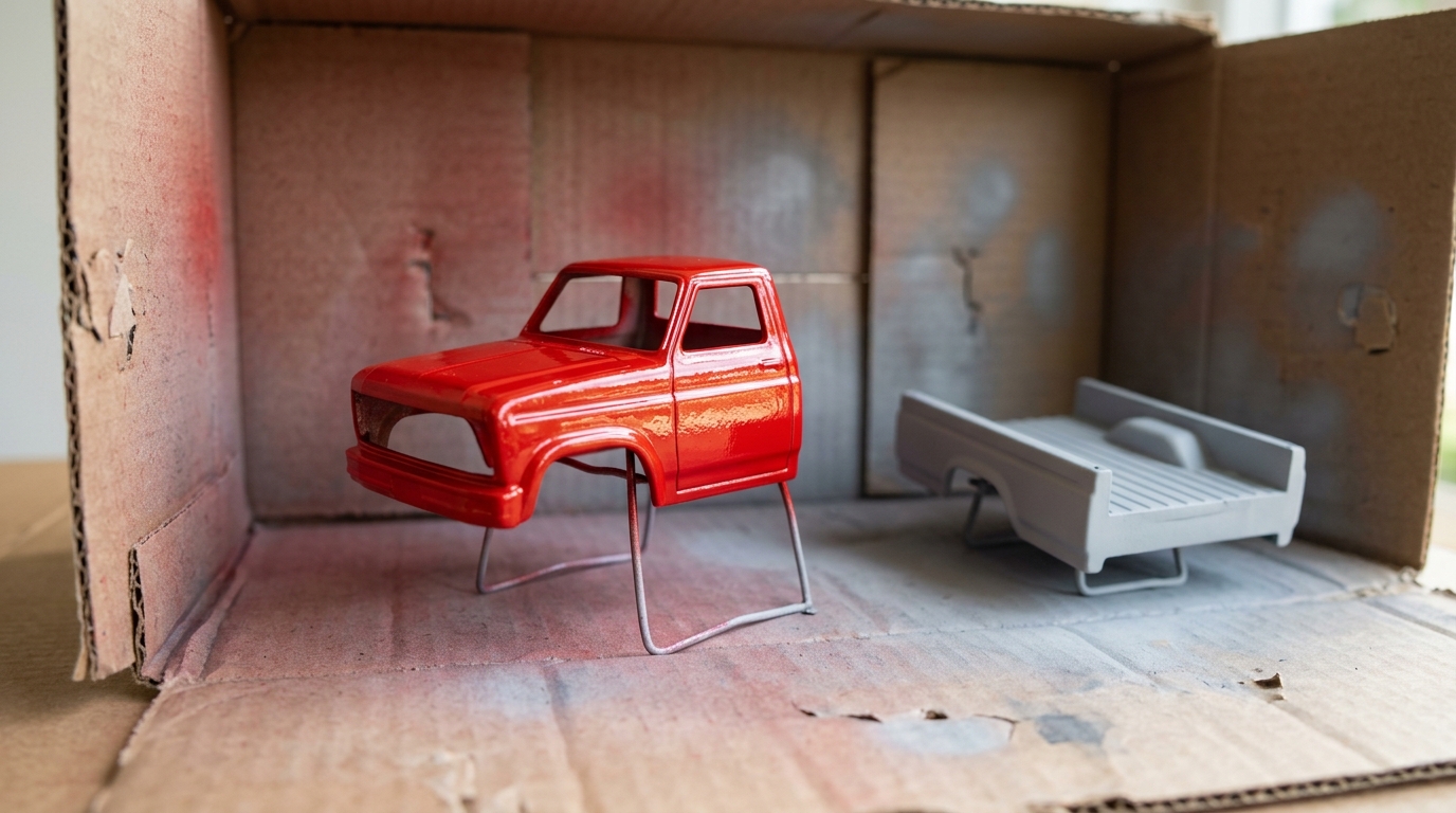Freshly painted glossy red toy truck cab drying in a cardboard spray box