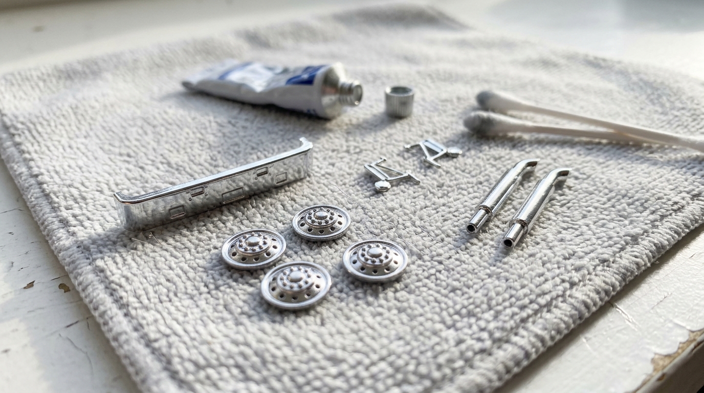 Tiny chrome bumper, mirrors and hubcaps from a toy truck polished on a soft cloth