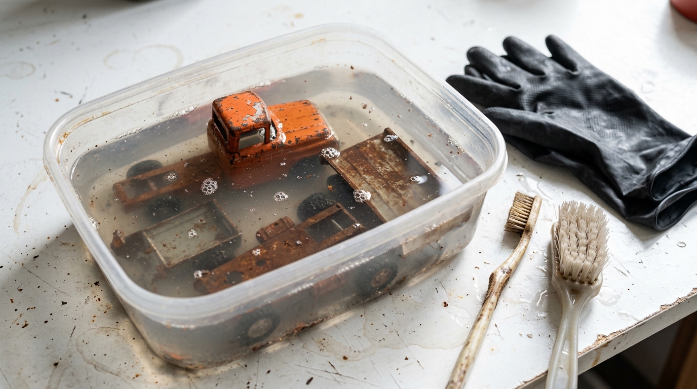 Rusty toy truck parts soaking in a tub of cleaning solution beside a brush and gloves