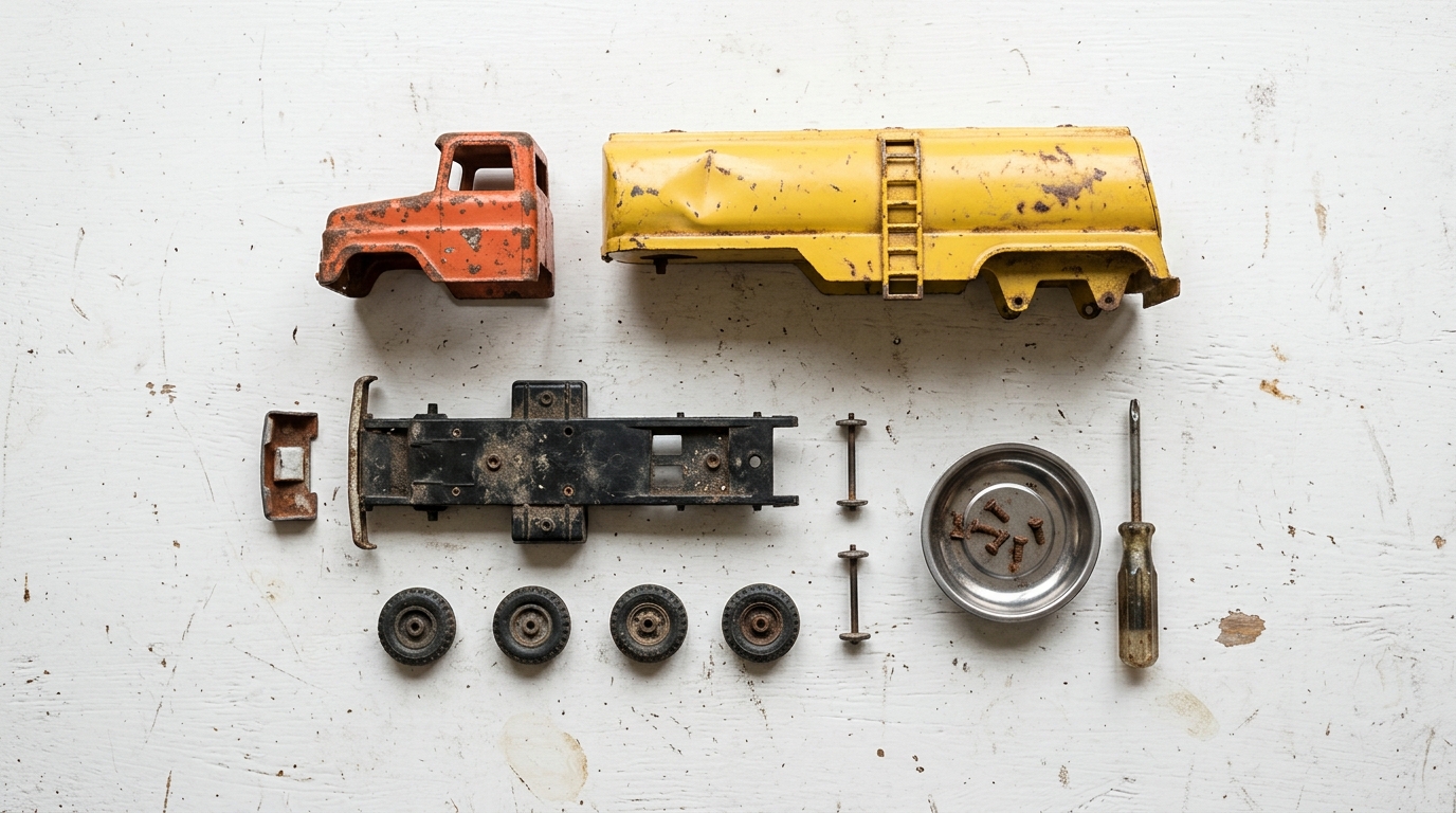 Toy truck parts laid out in rows: orange cab, chassis, wheels, screws and yellow tanker