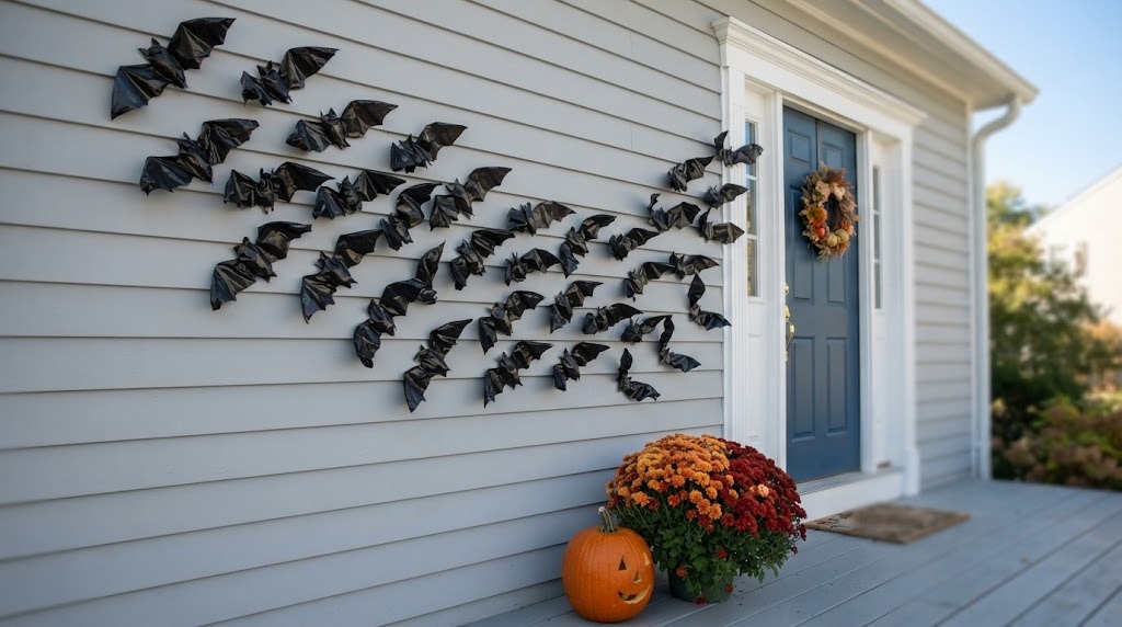 Swarm of black trash bag bats flying across a gray house wall for a last minute Halloween porch