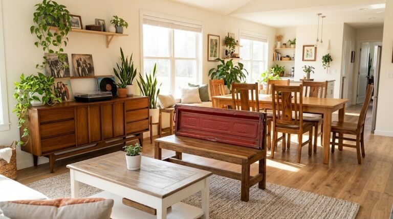Trash to treasure furniture in a bright room with a refinished wood dining set, a retro TV console cabinet, a tailgate bench and a white coffee table