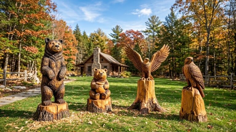 Tree stump carvings of a standing bear, honey pot bear cub, eagle and hawk on a sunny lawn by a log cabin