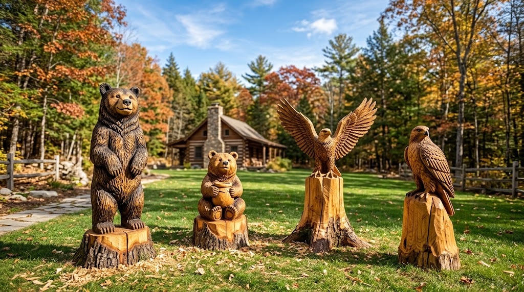 Tree stump carvings of a standing bear, honey pot bear cub, eagle and hawk on a sunny lawn by a log cabin