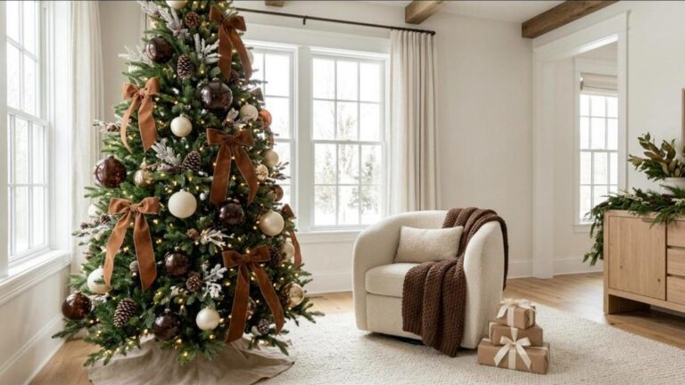Christmas Decor Trends 2026 hot cocoa tree with chocolate brown velvet bows and cream ornaments