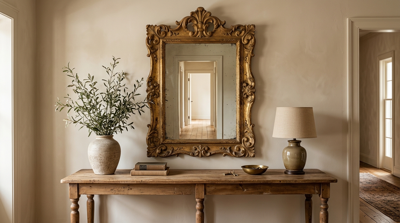 Thrift store decor finds: a carved gold mirror above an entryway console table