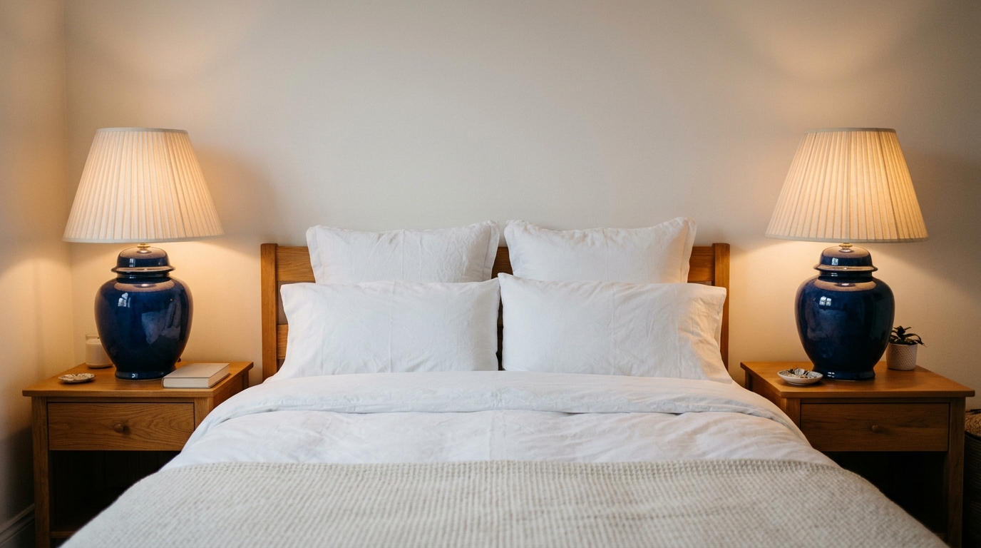 Thrift store decor finds: blue ceramic ginger jar lamps with new pleated linen shades by a bed
