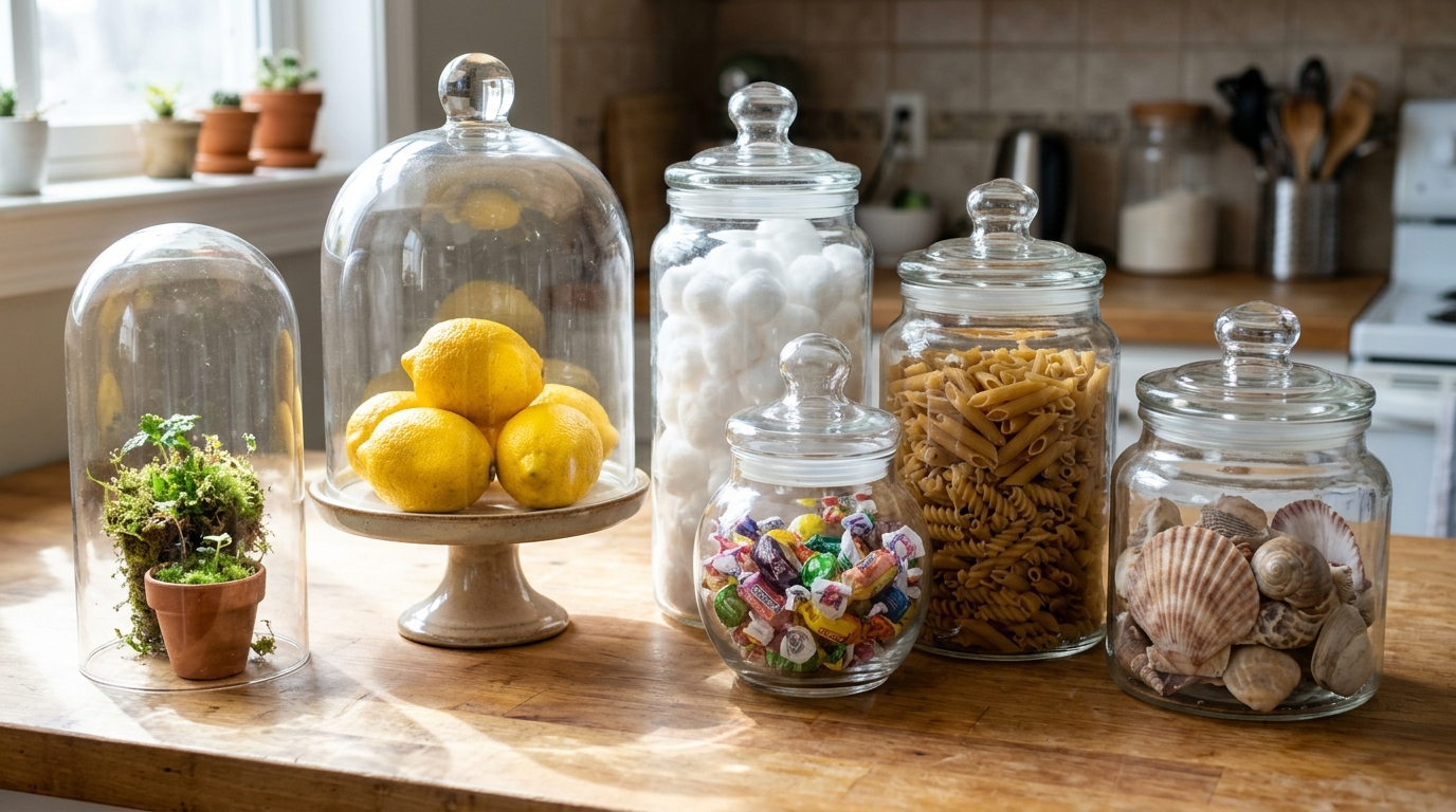 Glass cloches and apothecary jars filled with lemons, cotton, pasta, candy and shells on a counter
