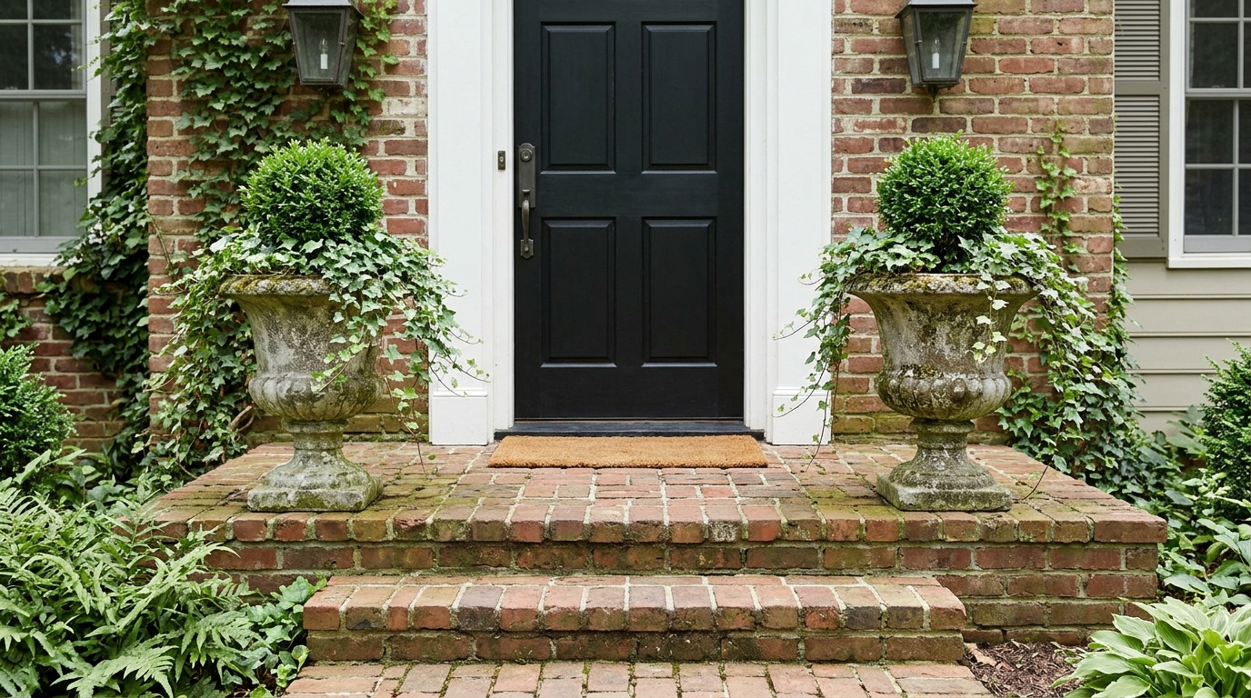 Pair of weathered stone urns with boxwood and ivy flanking a black front door