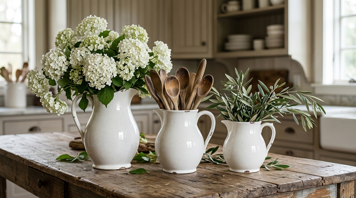 Three white ironstone pitchers with hydrangeas, wooden spoons and olive branches, classic thrift store decor finds