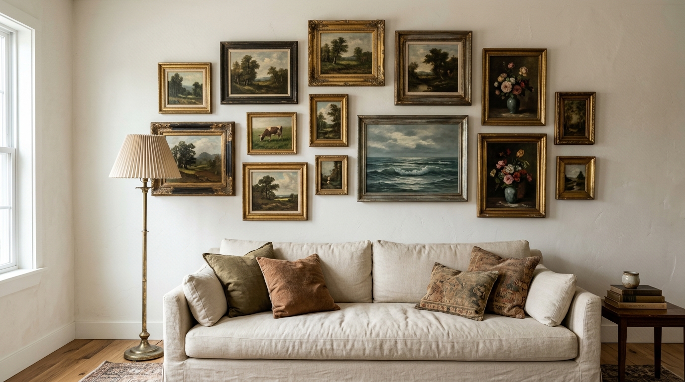 Thrift store decor finds: small original oil paintings in gold frames hung above a linen sofa