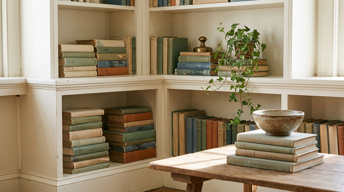 Stacks of faded cloth hardcover books on white shelves and a coffee table