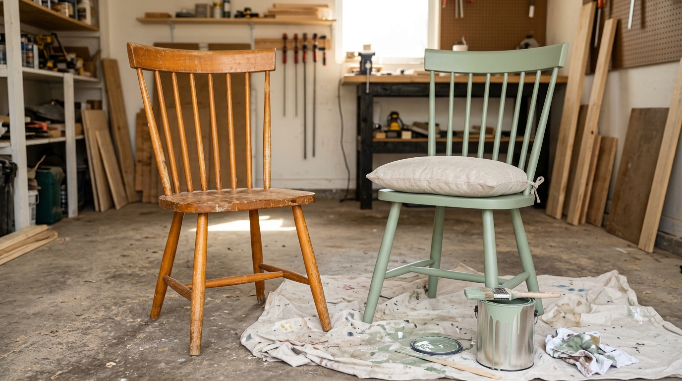 Two wooden spindle chairs, one original and one painted sage green with a linen cushion