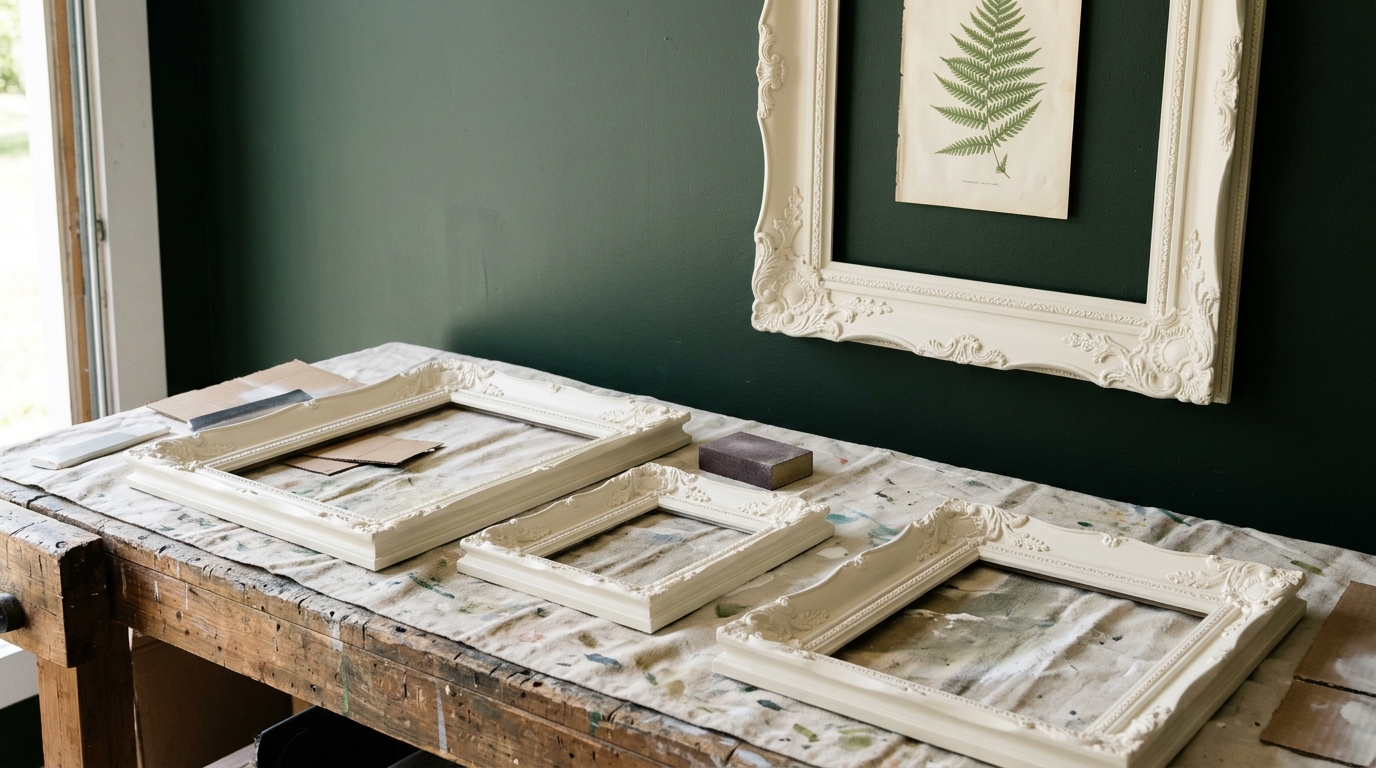 Ornate thrifted frames spray painted warm white on a workbench, one framing a fern print on a green wall