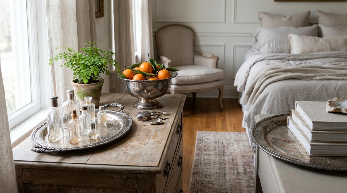 Thrift store decor finds like silver trays and a footed bowl styled on a bedroom dresser