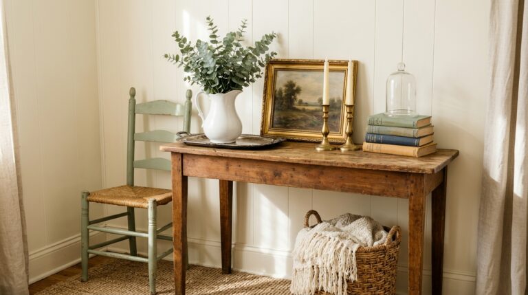 Thrift store decor finds styled together: brass candlesticks with LED tapers, old books, a silver tray, ironstone pitcher, painted chair and a framed oil painting