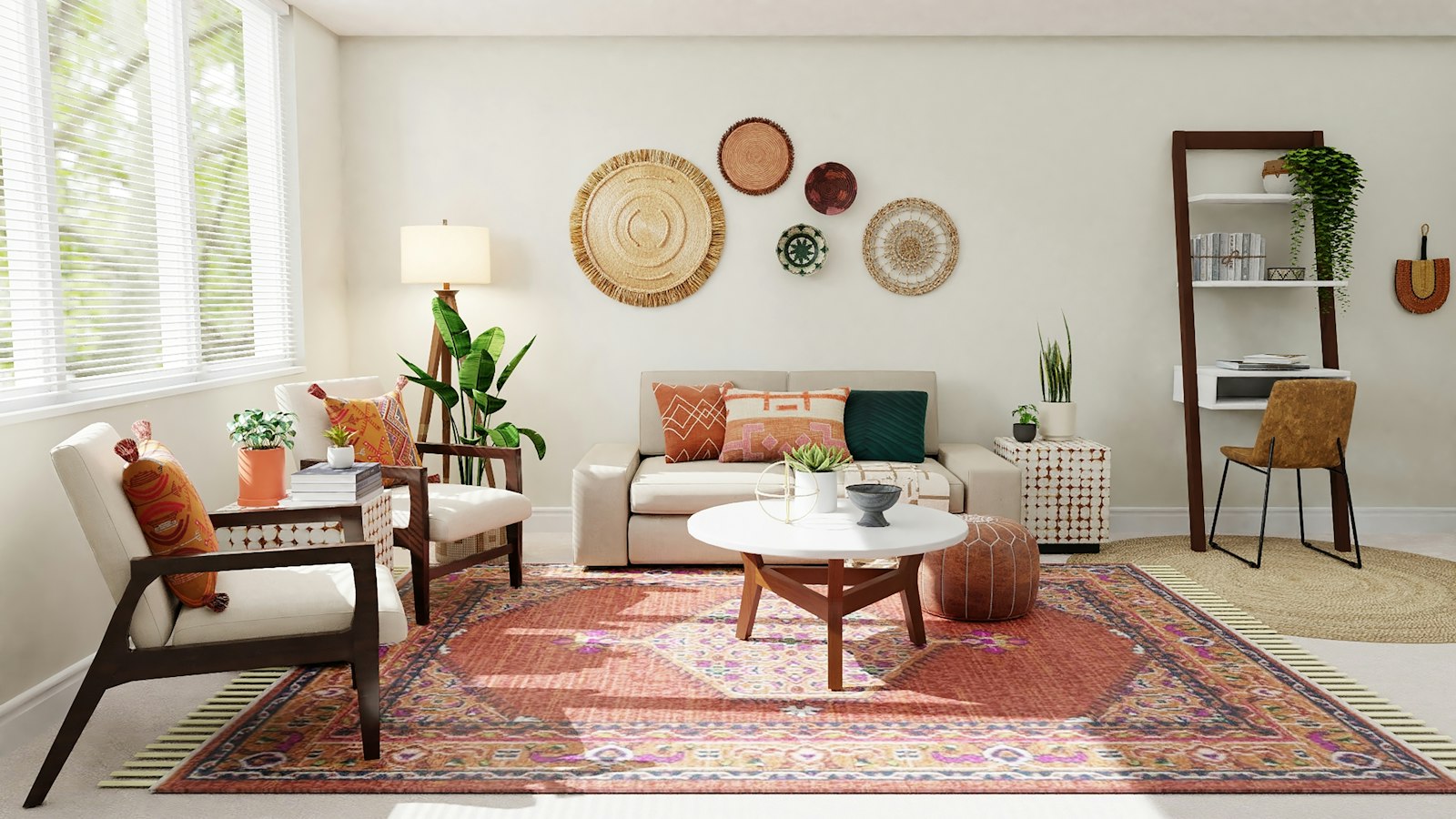 Thrift store decor finds in a bright living room anchored by a red vintage style wool rug