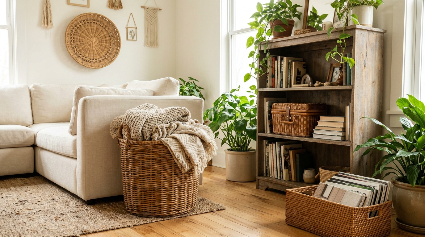 Woven wicker and rattan baskets holding blankets, books and magazines in a bright living room