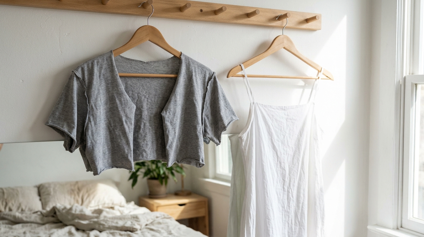 Gray cropped bolero shrug cut from a T-shirt hanging on a wooden hanger
