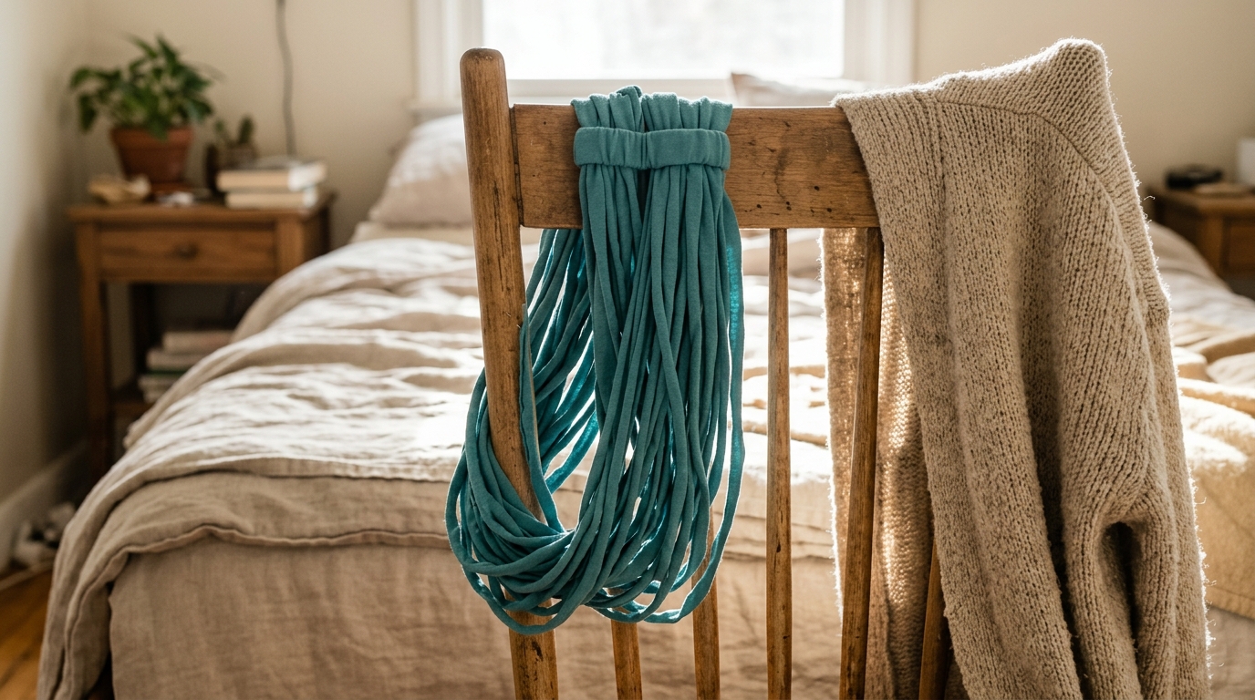 Teal T-shirt infinity scarf draped over a wooden chair