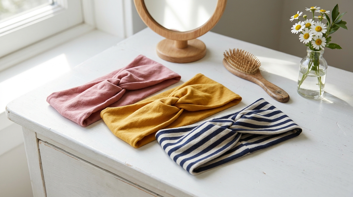 Twisted knot headbands made from T-shirt sleeves on a white dresser