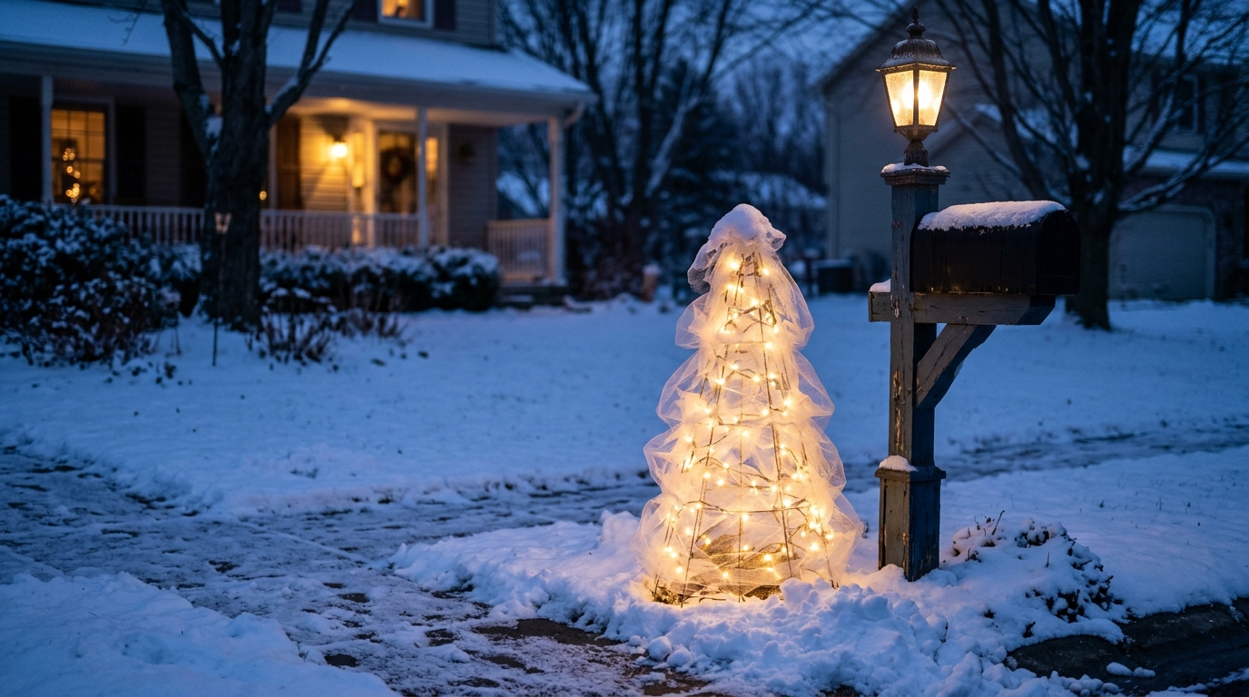 White tulle wrapped tomato cage tree glowing with battery fairy lights at dusk