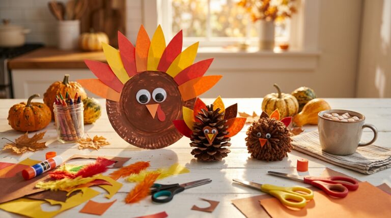 Turkey crafts for kids: paper plate, pine cone and pom pom turkeys on a sunny kitchen table with craft feathers